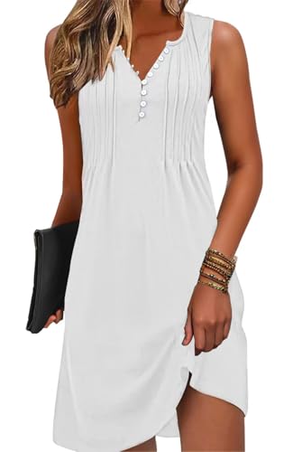 Disamer Beach Dresses for Women 2026 Vacation Swim Cover up V-Neck Summer Dress Button Down Sleeveless Boho Floral Sundress,Pure White,Large