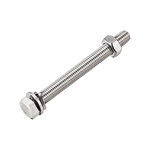 Image of uxcell M10 x 100mm Hex Head Screws Bolts, Nuts, Flat & Lock Washers Kits, 304 Stainless Steel Fully Thread Hexagon Bolts 6 Sets