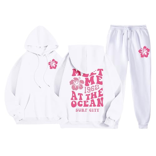 Cute 2 Piece Outfits for Women Teen Girls Preppy Puff Casual Hoodies Pockets Drawstring Pullover Oversized Sweatpants
