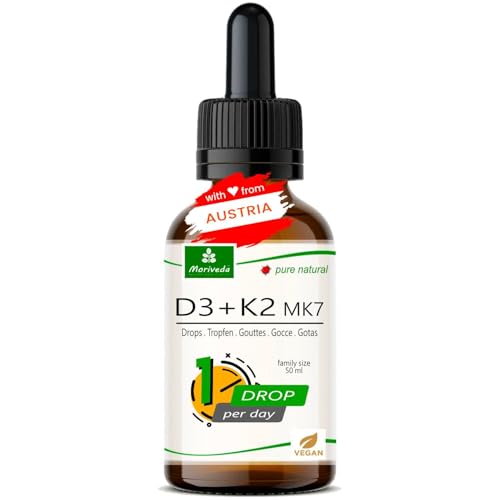 Gotas veganas de Vitamina D3 + K2-1700 Gotas - 1000 U.I. D3 vegana + 20µg K2 MK7 vegana por gota - frasco 50ml de MoriVeda