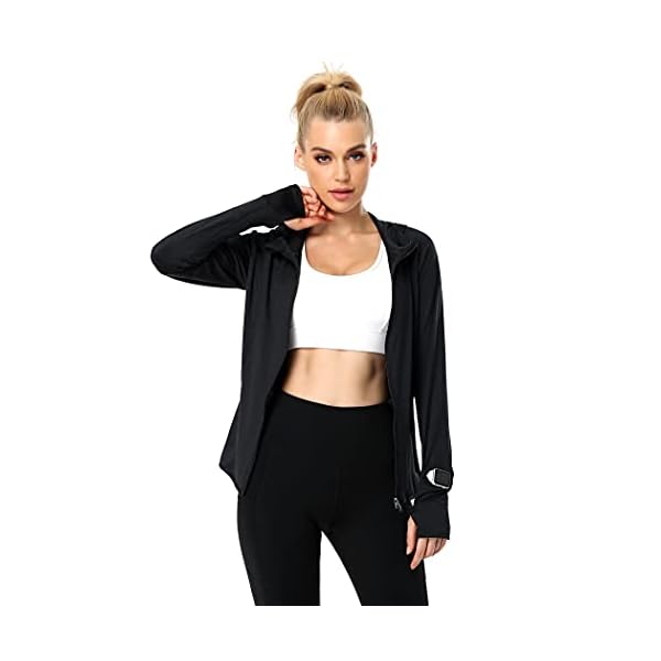 COOrun Workout Jacket Women Full Zip Hoodie Sportswear Athletic Running Track Jacket With Watch Thumb Hole Black-M