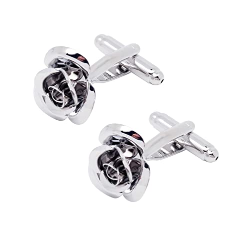 Jonwo Rose Blume Manschettenknöpfe Herren Damen In Geschenkbox Men Cufflinks Manschettenknöpfe Hochzeit Hemd Manschetten Tanzparty Ferien Jubiläum Kleid (Silber Manschettenknöpfe) Cover