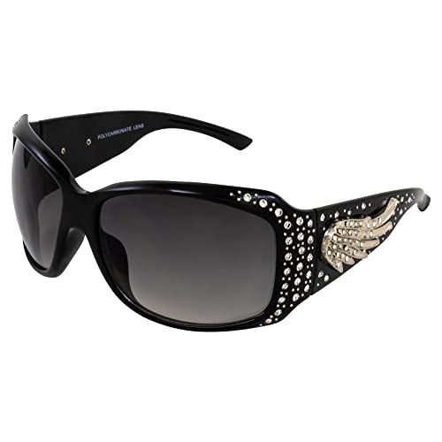 Rodeo Queen Angel Women’s Fashion Sunglasses Black Frame w/Bling Rhinestones & Smoke Gradient Lens