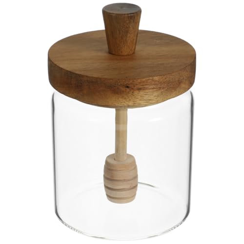 ABOOFAN Miel Pot Con Cucharón Y Tapa De Madera Tarro De Miel De Vidrio Soporte De Contenedores De Miel De Cocina Hermética Para Hogar