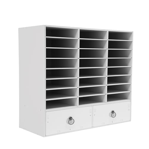 Organizador de papel blanco y correo, armario de almacenamiento, armario de almacenamiento con 24 compartimentos y 2 cajones, para oficinas, aulas, salas de estar, estudios, 71,5 x 30 x 70 cm