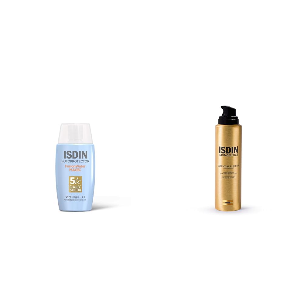 ISDIN Routine Essentielle | Coffret Nettoyant 200 ml (Essential Purifier) + Crème Solaire Visage 50 ml (Fusion Water MAGIC) | Routine de Jour | Usage Quotidien