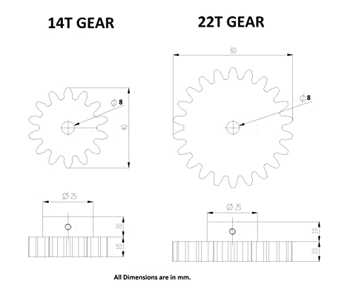 Image of INVENTO 6pcs 3D Printed Plastic Spur Gear 14 Teeth (40mm dia) + 22 Teeth (60mm dia), 10mm Width, 8mm hole, 2.5 Module for DIY Projects