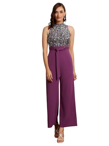 Image of Miss Chase Womens Halter Neck Sleeveless Embellished Regular-Length Jumpsuit