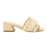 OPKMGD Women's Beaded Block Heel Sandals – Raffia Chunky Heels with Fringe and Shell-Inspired Beads – Summer Slide-On Mules Dressy Casual Sandals Beige Size 10