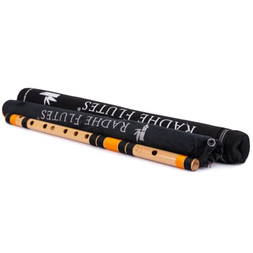 Image of Radhe Flutes Bamboo Bansuri C Sharp Right Handed Middle Octave (18 inch) With Hard Cover (Beige Flute With Black & Orange Threads)