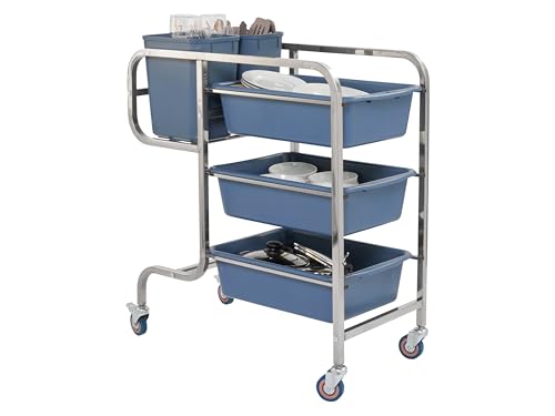 Stainless Steel Bussing Trolley, Sturdy 3 Tier Commercial Catering Cart with x3 Grey Trays & x2 Grey Tubs on Swivel Braked Castor Wheels