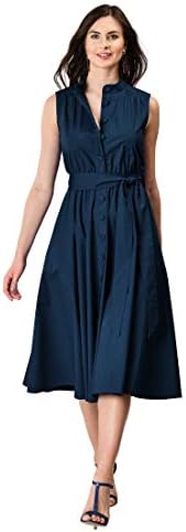 eShakti FX Self-Button Front Ruched Cotton poplin Shirtdress M-10 Deep Navy