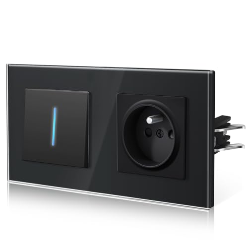 BSEED Interrupteur de lumière avec prise en verre, interrupteur mural avec griffe, Fils à connexion rapide pour une installation rapide, nouvelle série E, 1 Gang 1 Voie, Noir 157mm