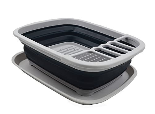 SAMMART 8L (2.11Gallons) Collapsible Plastic Dish Drainer with Drainer Board - Foldable Drying Rack Set - Portable Dinnerware Organizer - Space Saving Kitchen Storage Tray (Grey/Slate Grey, 1)