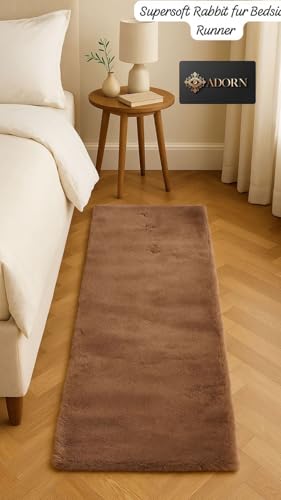 Image of Adorn Supersoft Rabbit Fur Bedside Runner Rug, 60 * 140cms Anti-Skid Backing (Brown)