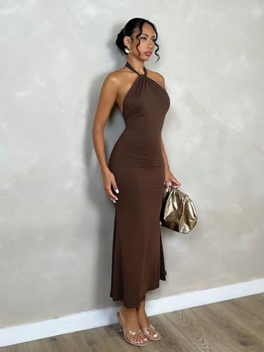 Image of SKAYS Women's Summer Dress Halter Bodycon Maxi Dress Backless Casual Party Dresses