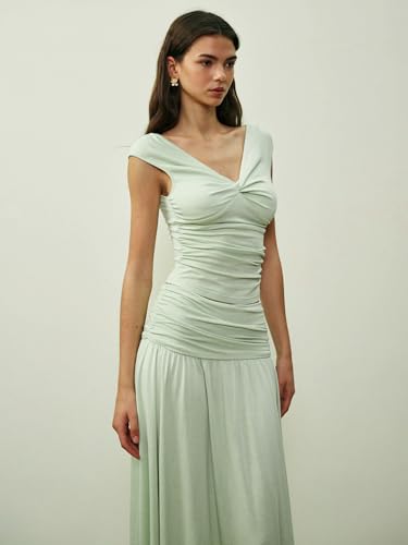 Image of Two Piece Skirt Set for Women - Sexy Sleeveless Spaghetti Strap Pleated Tank Top Maxi Long Skirts Sets