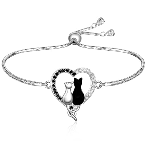 Cat Bracelet for Women Black Cat Bracelets 925 Sterling Silver Halloween Heart Animal Family Cats Lover Gifts
