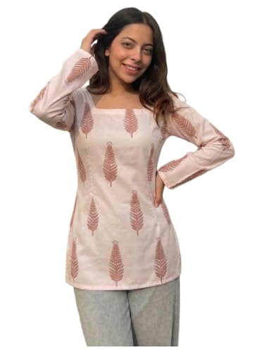 Image of ANNI Designer Women's Viscose Blend Printed Short Kurti | Straight Fit Ethnic Top with Square Neck | Bell Sleeve Indian Kurta for Office College, Party