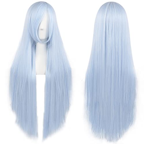 ANOGOL Hair Cap+32Inch/80cm Long Silver Blue Wig For Women Cosplay Wig peluca azul Colored Wigs For Anime Cosplay Women Halloween Costumes Light Blue Wig Straight Wig For Halloween Party