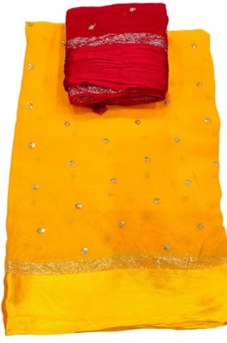 Image of Pure Georgette Sequence Work Saree with Contrast Blouse, Satan Patta Fabric