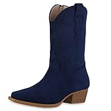  VAN HILL Damen Leicht Gefütterte Cowboy Boots Stiefeletten Holzoptikabsatz Schuhe Freizeit Booties Stiefel 208650 Blau 39