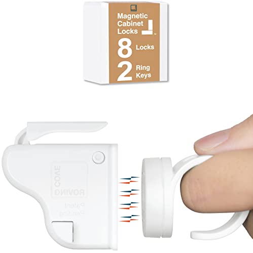 Image of RovingCove Ergonomic Magnetic Cabinet Baby Locks 8-pk, Child Proof Drawer Cupboard Latches, Adhesive, Easy Install with Starter Tape System, 8 Locks 2 Ring Keys