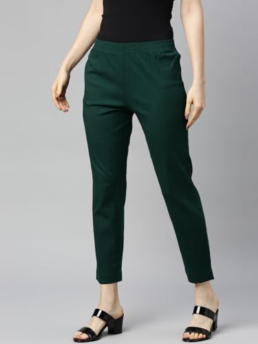 Image of MINELLI Women Solid Cigar Pants, Cotton Lycra Slub Fabric, Elasticated Waistband, Pull On Style, Regular Fit Bottom Wear for Western and Ethnic Wear