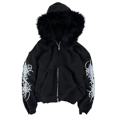 RICHTRUE Grunge Fur Hood Zip Up Hoodie Women Men Y2k Goth Hoodie Emo Jackets Fall Winter Streetwear Sweatshirt 2000s (Large,Black)