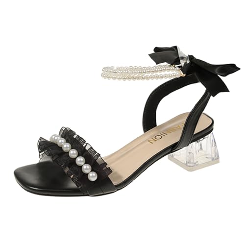 BILIKEYU Sandalias Mujer Tacón Transparente Perla Zapatos de Verano Ligero Antideslizante Elegante Abierto Tacones Altos Sandalias Festivos Zapatos de Boda Zapatos Trajes, Negro , 38 EU