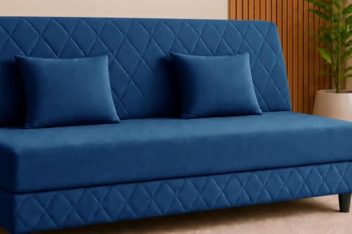 Image of Deco Studio 3 Seater Sofa Bed | Premium Upholstered Velvet Fabric Folding Couch for Living Room, Guest Room & Bedroom | Quilted Backrest with 2 Cushions (Blue)