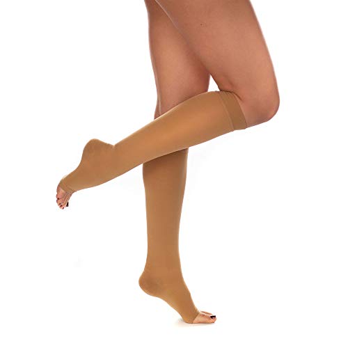 RIEMTEX med. Kompressionsstrümpfe Klasse 2 CCL2 23-32 mmHg Wadenstrümpfe Offene Spitze für Damen PREMIUM Serie 3211 (Größe 2, Caramell) Cover