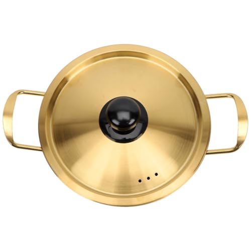 Housoutil Olla para Ramen de Acero Inoxidable Dorada 22 CM Tapa y Asas Dobles Cacerola Gruesa para Sopa y Fideos Compatible Cocina de Inducción y Fuego Abierto Adecuado para Camping y