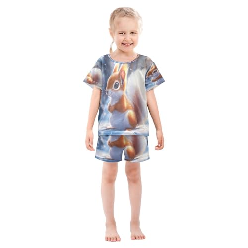 ALAZA Funny Squirrel Snow Pajamas Set Short Sleeve Cotton Sleepwear Summer Pjs 2 Piece 5-14Y3