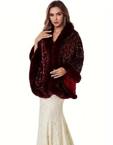 Fashion Sequins Faux Fur Shawl for Women Winter Fur Coat Wedding Party Stole Wraps Cape for Evening Dresses