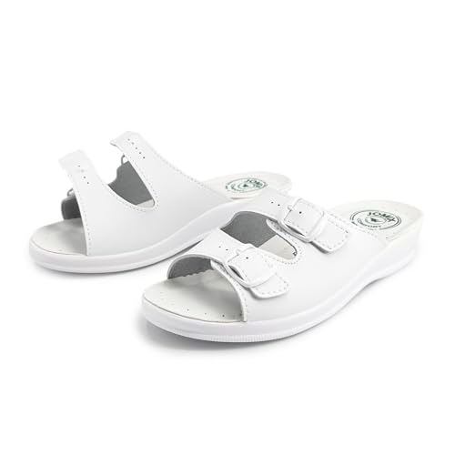JOMIX Zapatillas Casa Mujer Ortopédicas Chanclas Mujer Verano con Hebilla Pantuflas Anatómicas con Puntera Abierta Fabricadas en Italia, Blanco, 39 EU