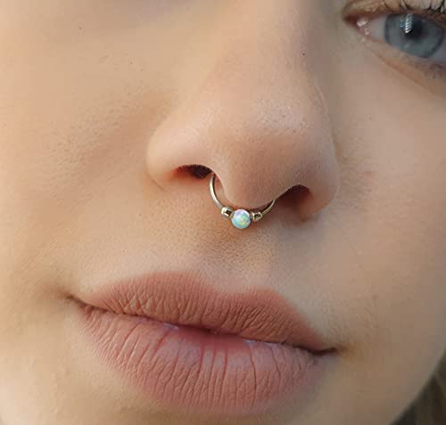 Non Piercing White Opal Faux Septum Ring - Sterling Silver False Septum Hoop Piercing - Clip On Septum Nose Ring #TOP2