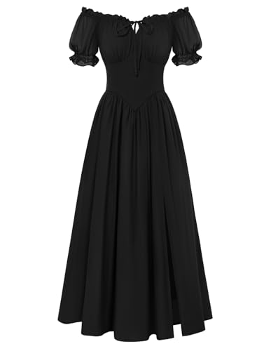 Scarlet Darkness Corset Dress for Women Off Shoulder Renaissance Costume Short Sleeve Milkmaid Dresses with Pockets Black