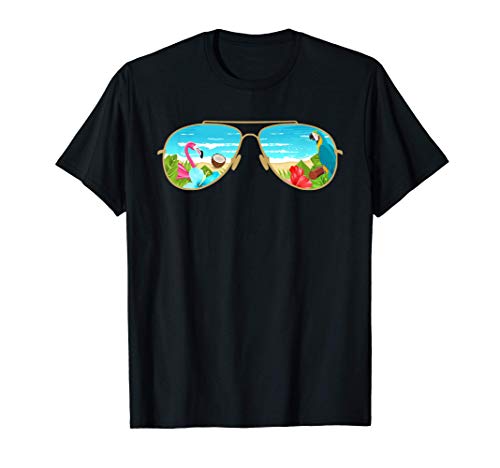 Summer Vacation Sunglasses Flamingo Beach Blue Ocean Trees t-shirt, Preto, S