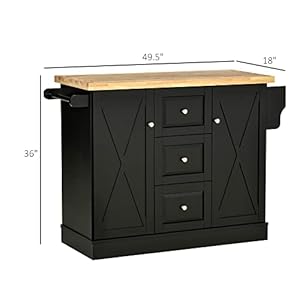 HOMCOM Rolling Kitchen Island with Storage, Kitchen Cart with Wood Top, 3 Drawers and 2 Barn Door Style Cabinet, Adjustable Shelves, Spice Rack, Black HOMCOM Rolling Kitchen Island with Storage Kitchen Cart with Wood Top 3 Drawers and 2 Barn Door Style Cabinet Adjustable Shelves Spice Rack Black