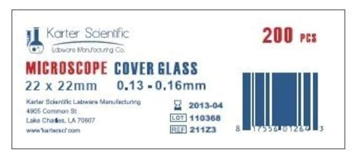 Karter Scientific 211Z3 Standard Microscope Cover Slip, 1 Thick, 22x22mm (Pack of 200)