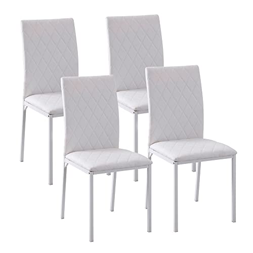HOMCOM Pack de 4 Sillas de Comedor, Sillas de Cocinas Modernas, Respaldo Alto con Costuras Decorativas de Diamantes, Tapizadas en Cuero Sintético, Patas de Acero, Carga 120 kg, Blanco