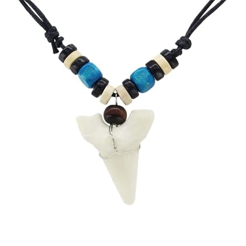 coadipress Shark Tooth Necklace for Men Women Adjustable Cord with Wood Beads Fossil Sharktooth Necklace Hawaiian Summer Beach Surfer Resin Cool Choker Jewelry