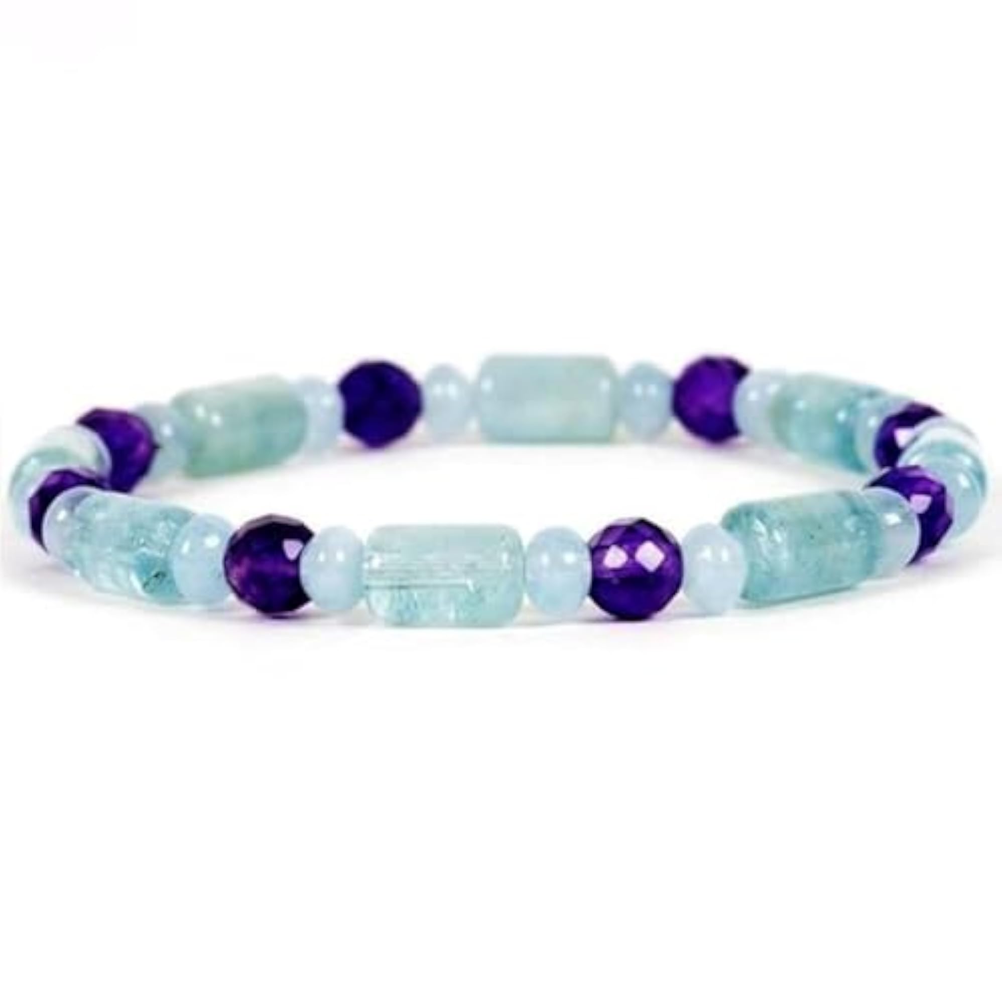 Natural Amethyst & Aquamarine Gemstone Stretch Bracelet, Unisex