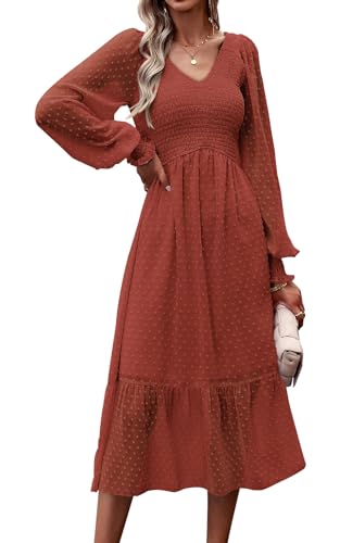 PRETTYGARDEN Women's Fall Dresses 2025 Long Sleeve V Neck Swiss Dot Empire Waist Chiffon Dress Ruffle Smocked Midi Dresses