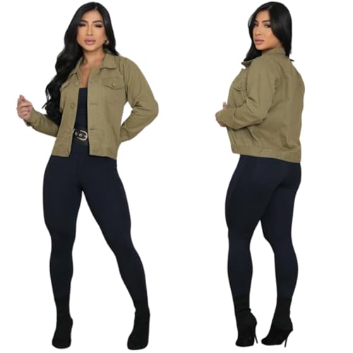 Jaqueta Jeans Feminina Fashion com Barra Tradicional e Botão Forrado (BR, Alfa, M, Regular, Regular, VERDE MILITAR)