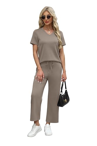Image of WIHOLL 2 Piece Sets for Women Summer Lounge Set Wide Leg Pants Matching Set Vacation Travel Outfits Beach Clothing
