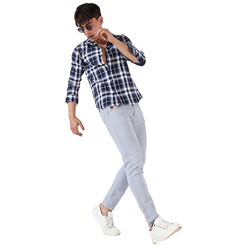 Image of CAHOOT Men's Blue Checkered Collared Button Up Shirt for Casual Wear | Shirt Crafted with Regular Sleeve, Comfort Fit & High-Performance for Everyday Wear