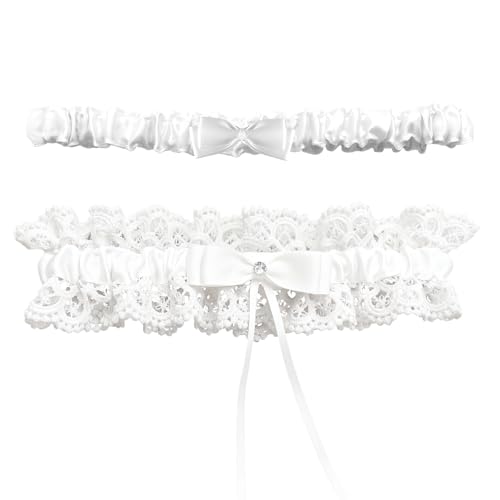 Glowity Wedding Garters for Bride 2 Piece Bridal Garter Set White Lace Floral Garter Bridal Accessories for Wedding Party Prom Thigh Garter Belt