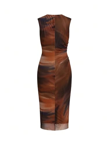 Women's Tie Dye Bodycon Dress Ruched Mock Neck Mesh Elegant Pencil Midi Dresses3